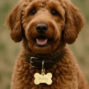 Luxe gegraveerde hondenpenning in botvorm van roestvrij staal aan de halsband van een hond