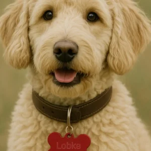 Aluminium hondenpenning met gepersonaliseerde gravure bevestigd aan de halsband van een hond