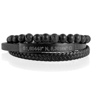 zwarte leren armband met coördinaten
