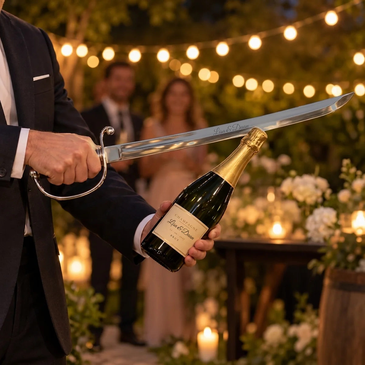 Champagne sabreren op een bruiloft met gegraveerde champagnesabel XXL