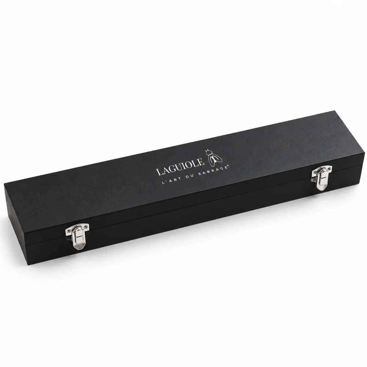 Gesloten zwarte houten kist met Laguiole L'Art du Sabrage logo voor de champagnesabel