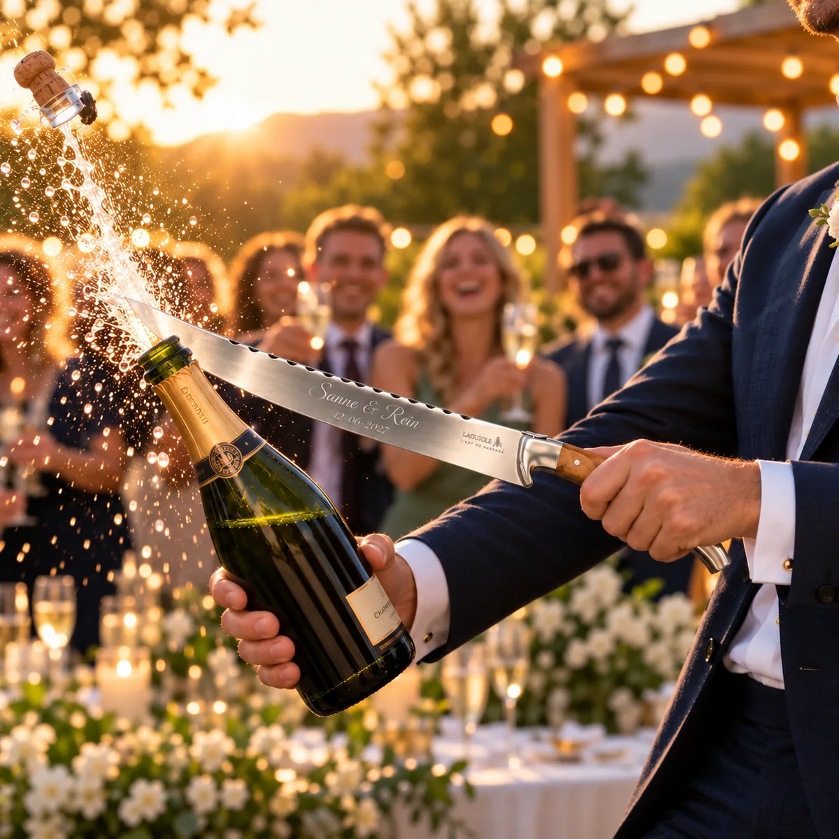 Bruidegom sabreert een fles champagne met een gegraveerde Laguiole champagnesabel met Sanne & Rein
