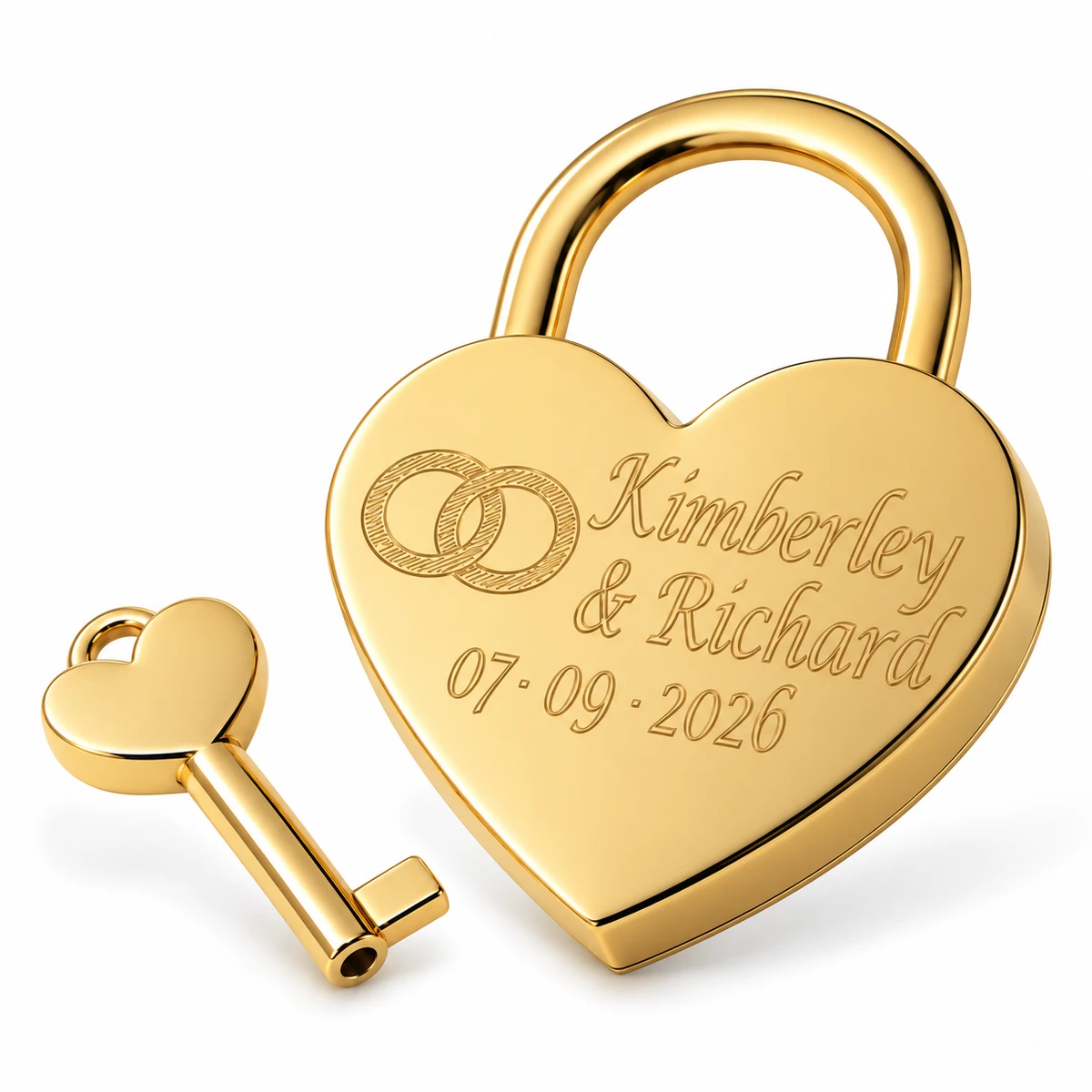 Goudkleurig hartjesslot met sleutel, gegraveerd met trouwringen, de namen Kimberley & Richard en de datum 07-09-2026
