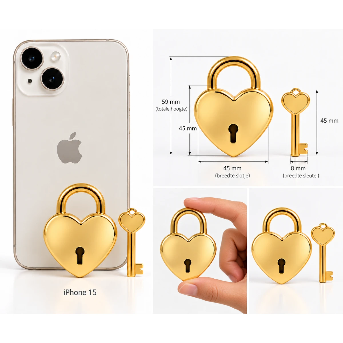Hartvormig liefdesslot goud, 45 x 59 mm, naast een iPhone 15 en tussen de vingers