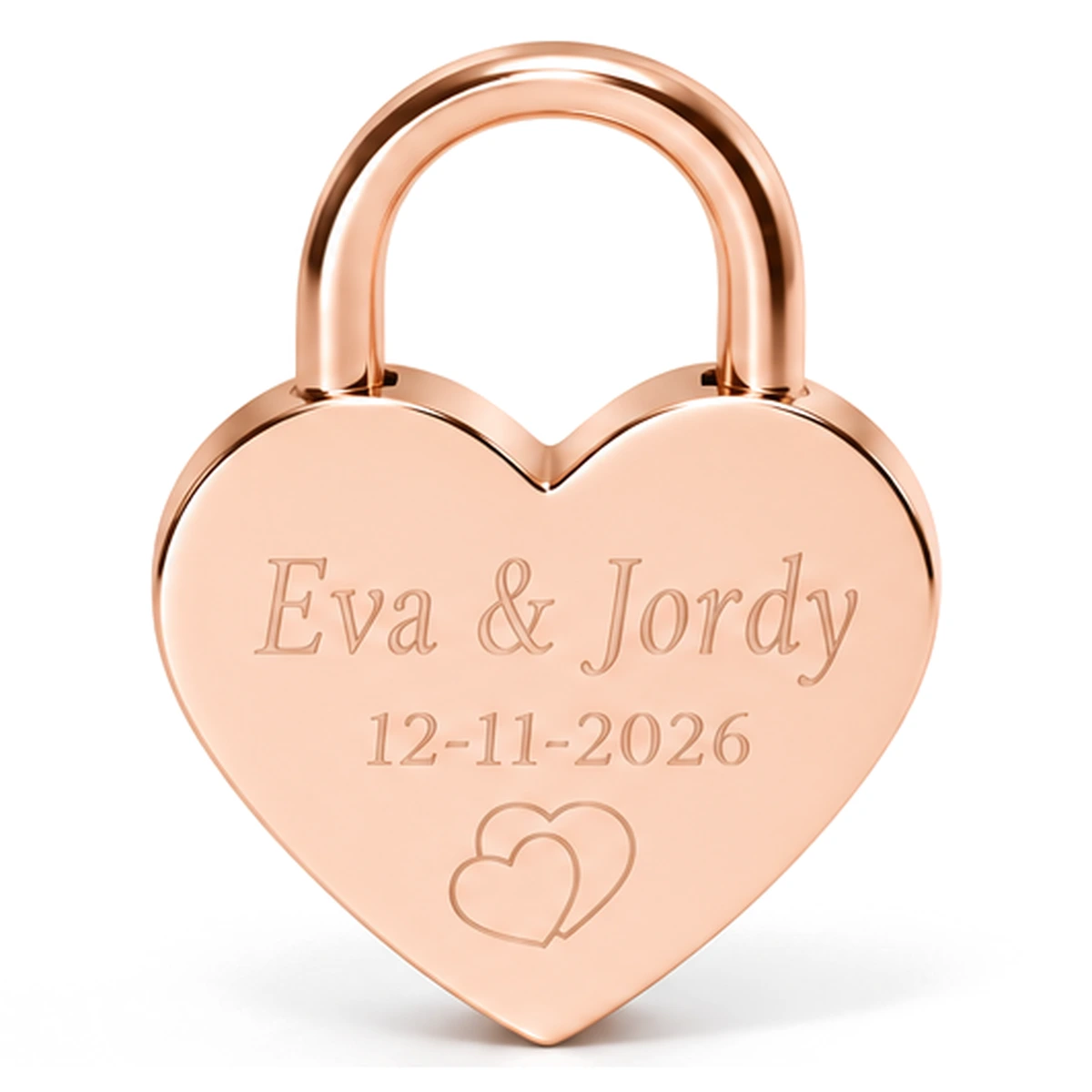 Rosé gouden mini hartjesslot, op de achterkant gegraveerd met Eva & Jordy, 12-11-2026 en twee hartjes
