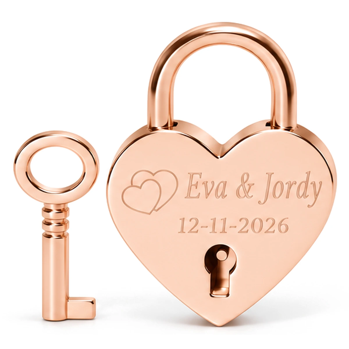 Rosé gouden mini hartjesslot met sleutel, op de voorkant gegraveerd met twee hartjes, Eva & Jordy en 12-11-2026