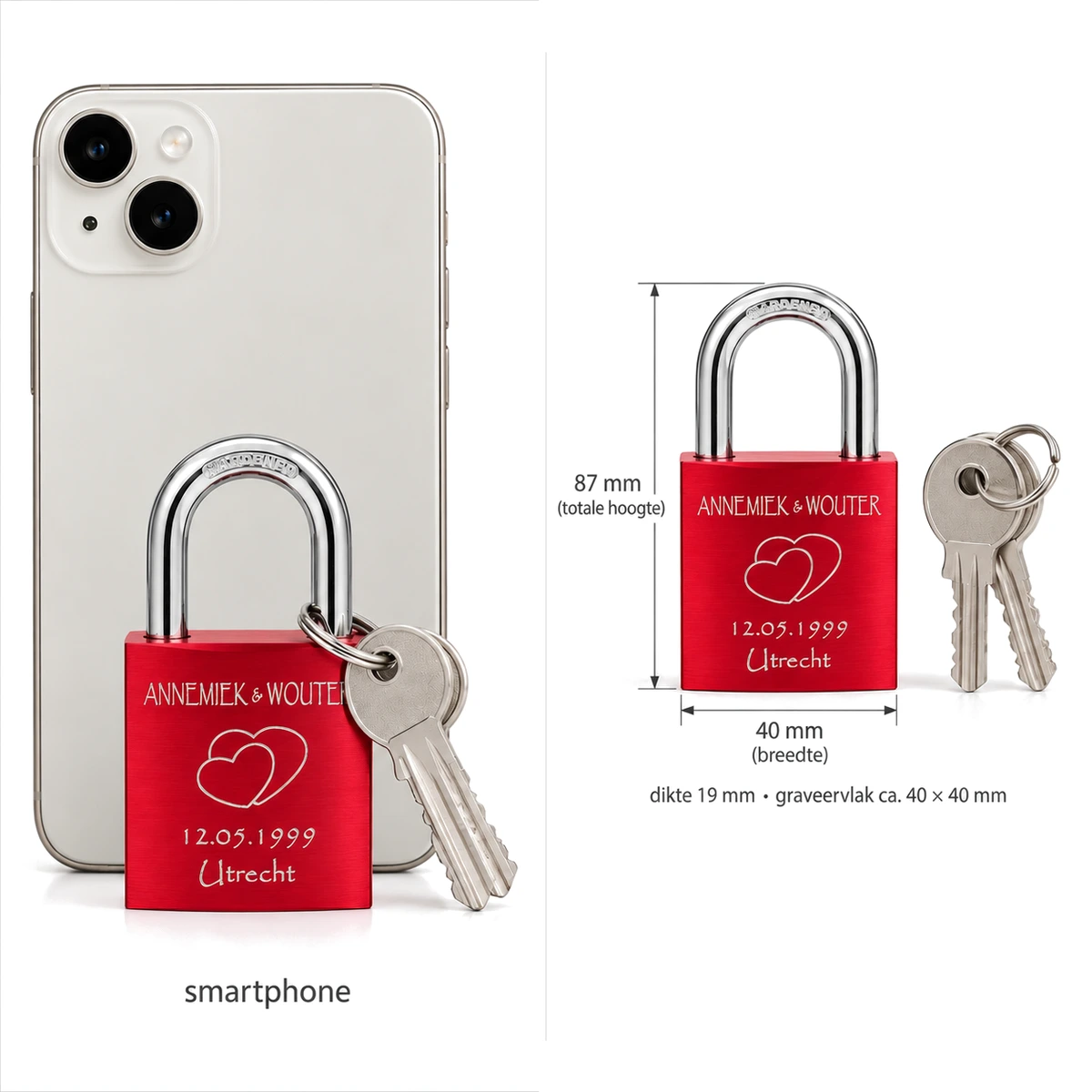 Afmetingen van het aluminium liefdesslot: 87 mm hoog, 40 mm breed en 19 mm dik, vergeleken met een smartphone