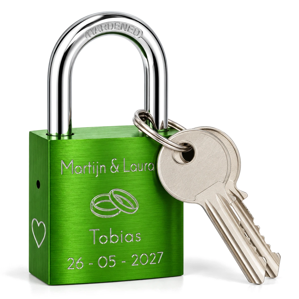 Groen aluminium liefdesslot met twee sleutels, gegraveerd met Martijn & Laura, trouwringen, Tobias en een datum