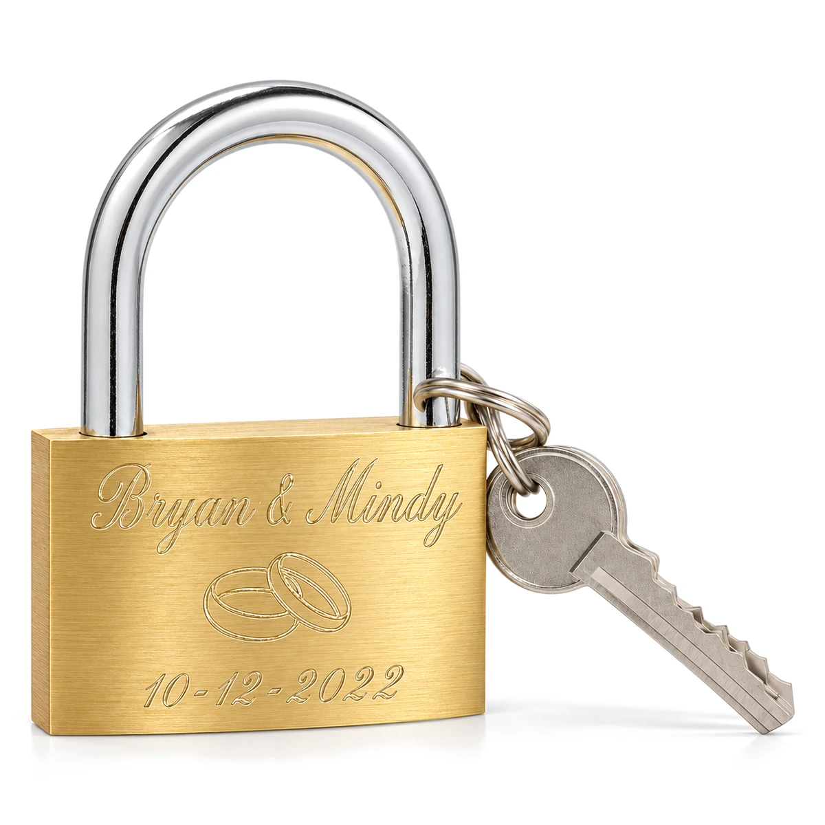 Groot messing liefdesslot met sleutel, gegraveerd met Bryan & Mindy, trouwringen en 10-12-2022