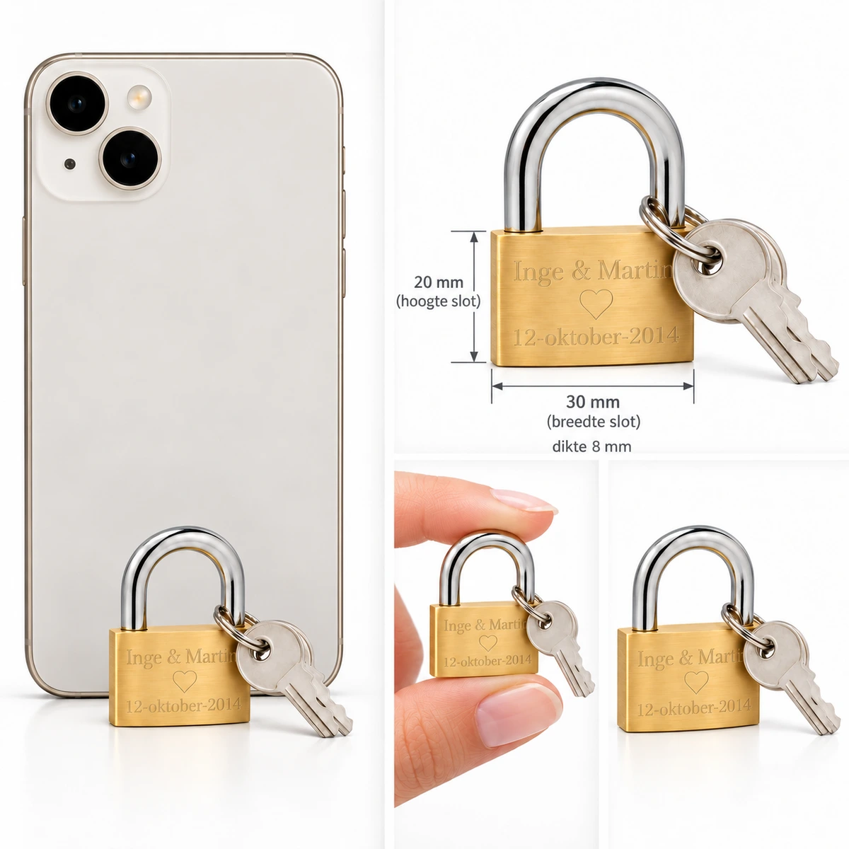 Afmetingen van het messing liefdesslotje: 30 mm breed, 20 mm hoog en 8 mm dik, vergeleken met een smartphone en tussen twee vingers