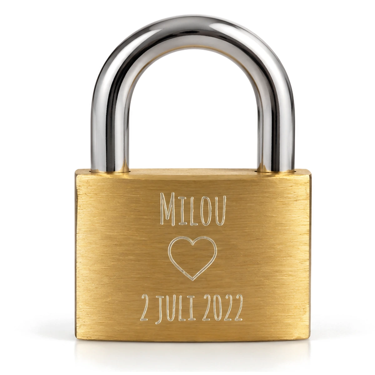 Messing liefdesslotje gegraveerd met de naam Milou, een hartje en 2 juli 2022