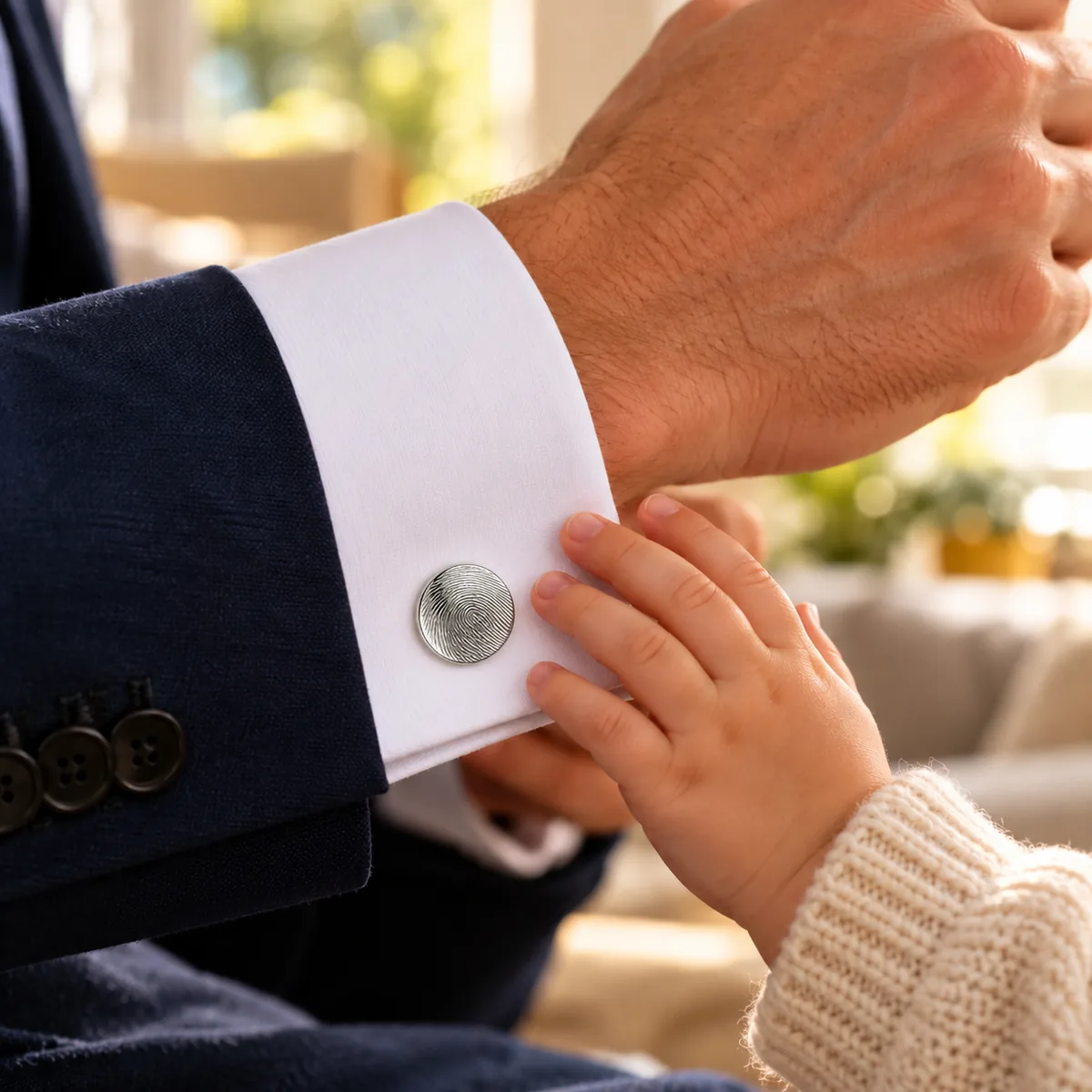Kinderhandje raakt de zilverkleurige manchetknoop met vingerafdruk van papa aan