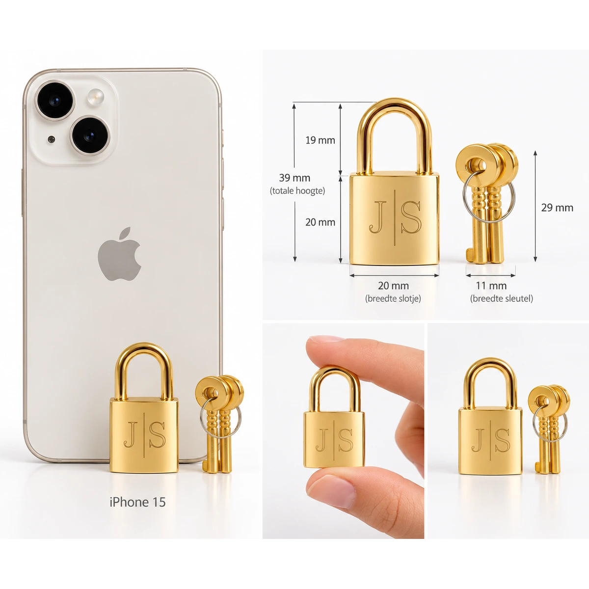 Afmetingen van het mini slotje met initialen: 20 mm breed en 39 mm hoog, vergeleken met een smartphone en tussen twee vingers