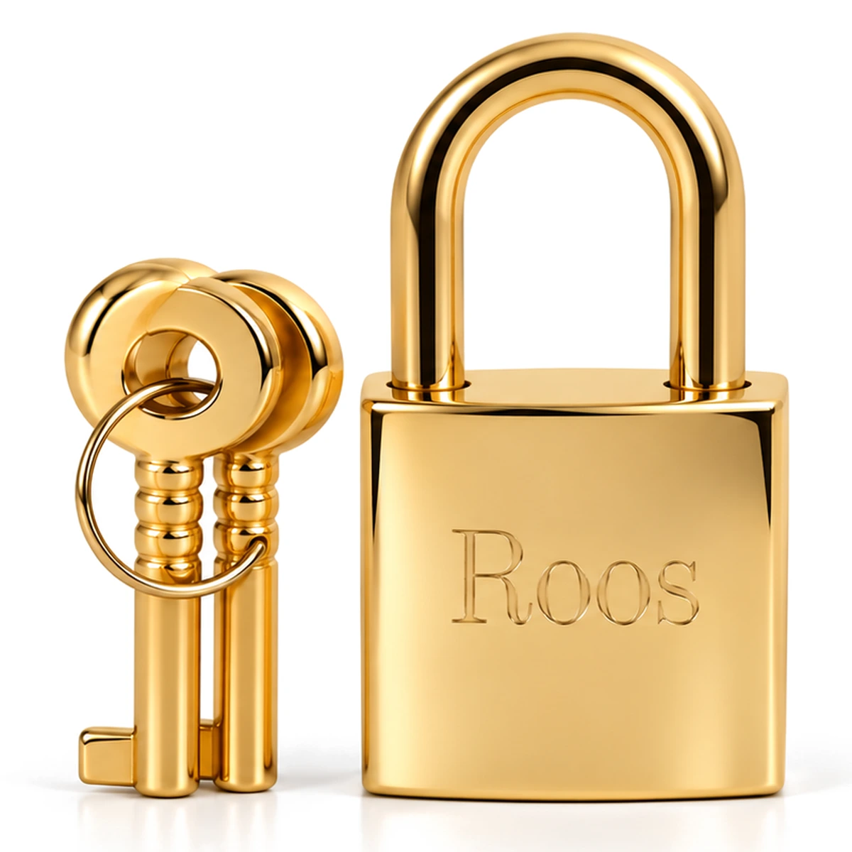 Goudkleurig mini slotje, op de achterkant gegraveerd met de naam Roos