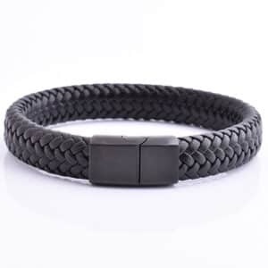 zwart leren armband gegraveerd met zwarte RVS sluiting